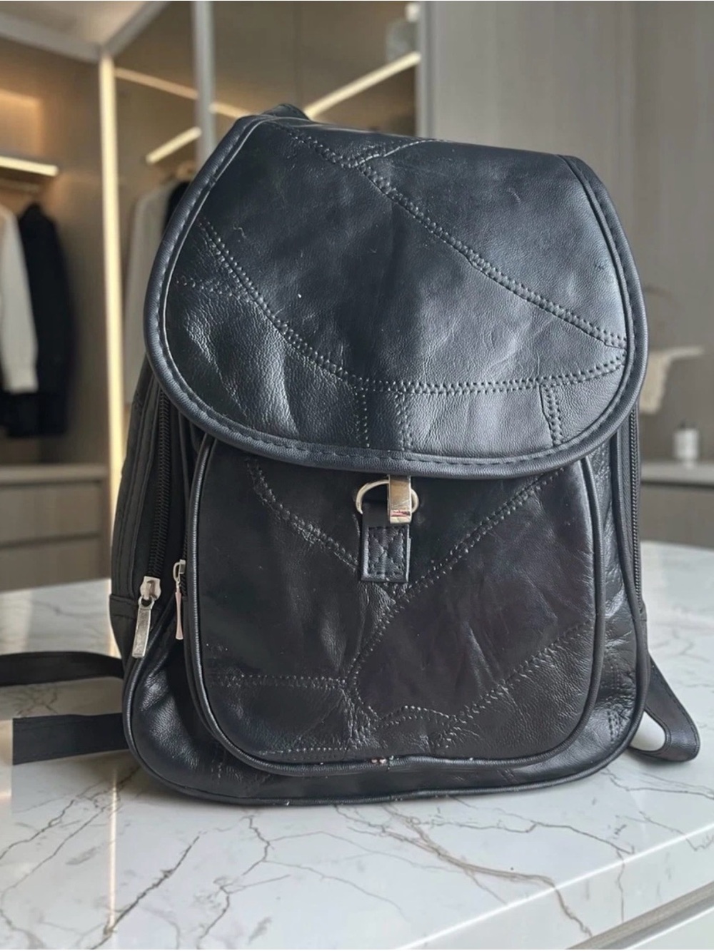 Men's Black Leather Backpack with Front Flap - Contemporary Stitched Design